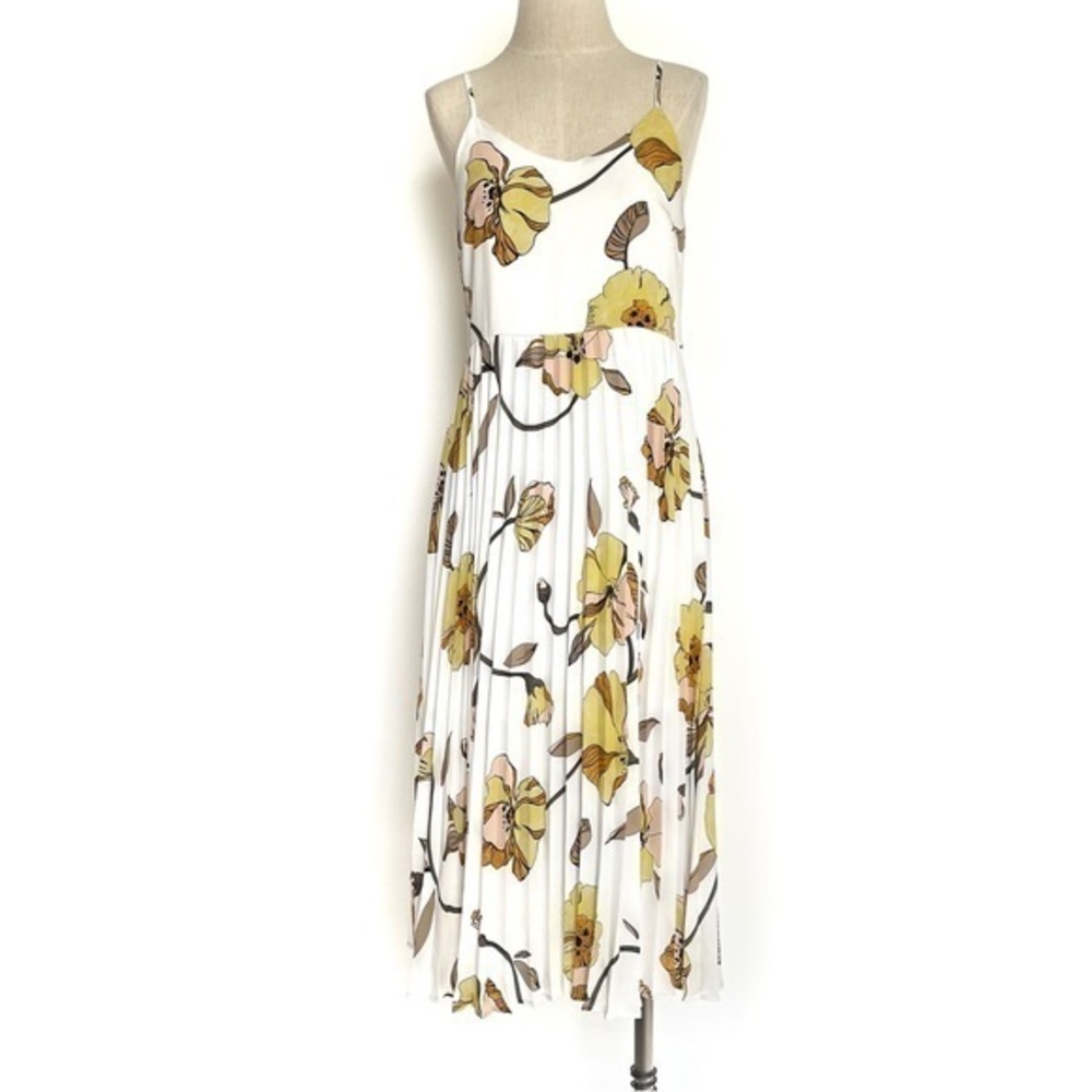 A New Day White Yellow Floral Pleated A Line Midi Dress Size Small